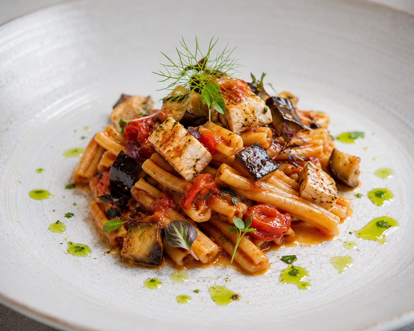 Caserecce pasta with swordfish, roasted eggplant and cherry tomatoes plated by Zagara Dining