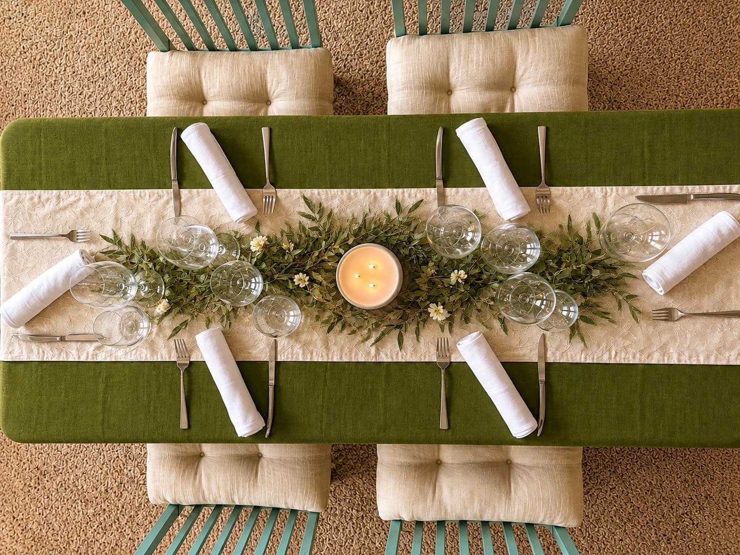 A vacation-home dining table dressed with linen, glassware and a candle for a private chef dinner