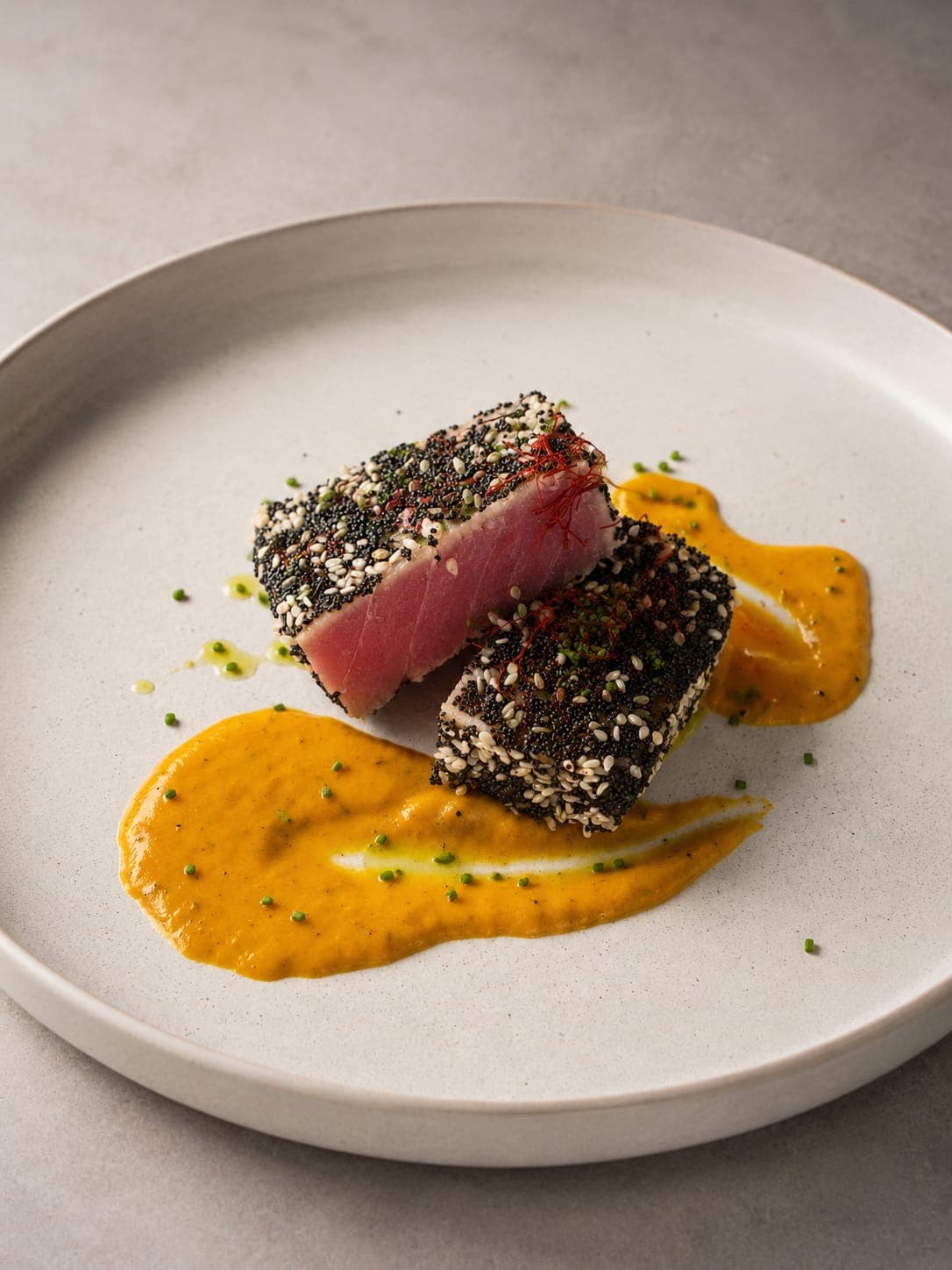 Sesame-crusted seared tuna over a saffron sauce, plated by Zagara Dining