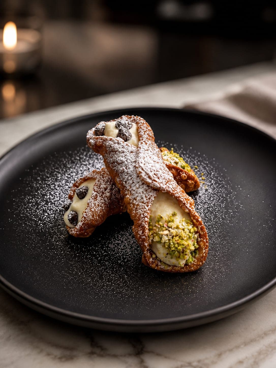 Sicilian cannoli with pistachio and chocolate chip filling dusted with sugar